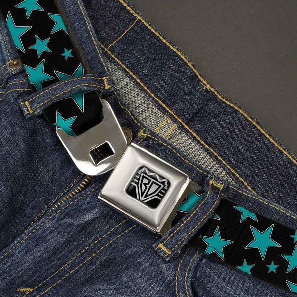 Buckle Down BD Wings Logo CLOSE-UP Full Color Black Silver Seatbelt Belt - Stars/Multi Stars Black/Turquoise Webbing