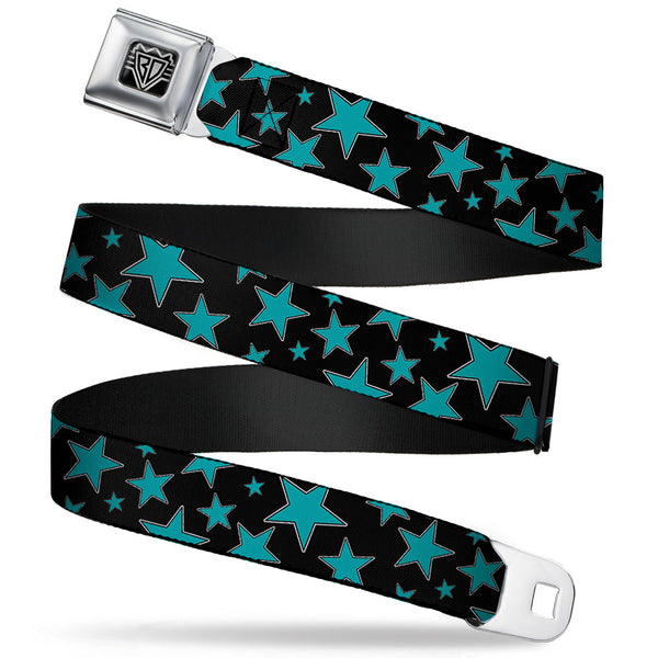 buckle down BD Wings Logo CLOSE-UP Full Color Black Silver Seatbelt Belt - Stars/Multi Stars Black/Turquoise Webbing