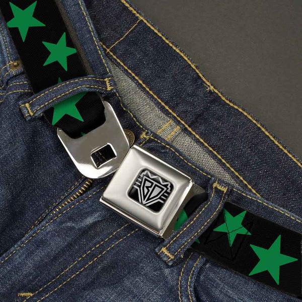 Buckle Down BD Wings Logo CLOSE-UP Full Color Black Silver Seatbelt Belt - Stars Scattered Black/Green Webbing
