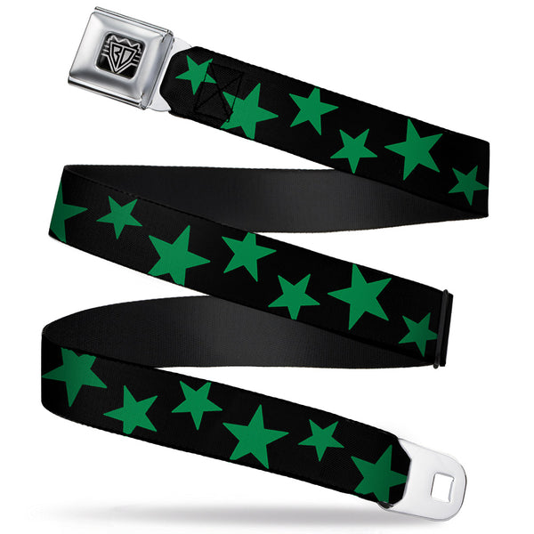 buckle down BD Wings Logo CLOSE-UP Full Color Black Silver Seatbelt Belt - Stars Scattered Black/Green Webbing