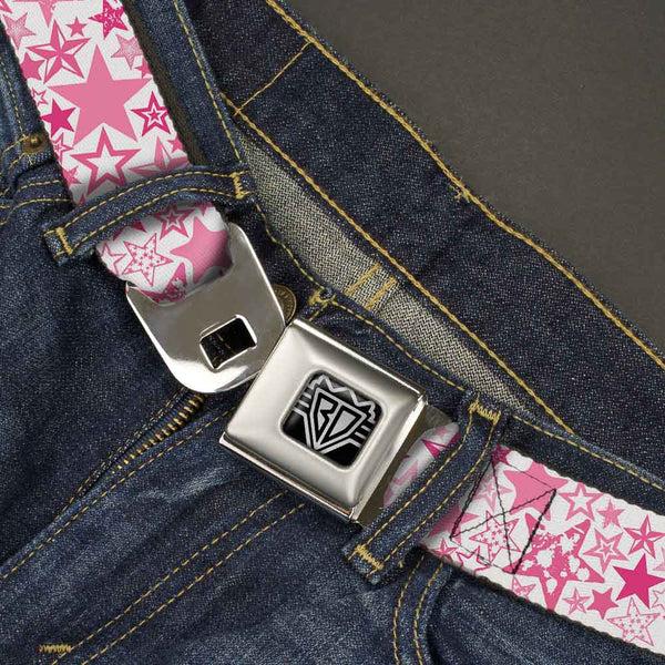 Buckle Down BD Wings Logo CLOSE-UP Full Color Black Silver Seatbelt Belt - Stargazer White/Pink Webbing