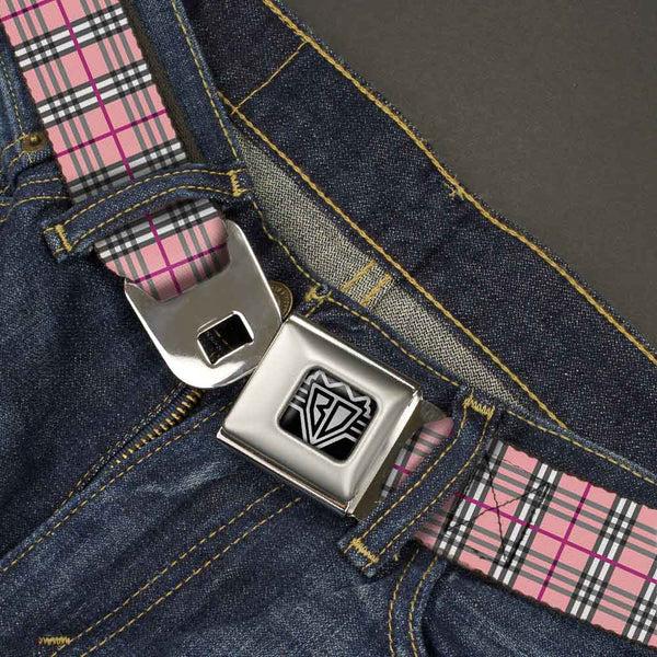 Buckle Down BD Wings Logo CLOSE-UP Full Color Black Silver Seatbelt Belt - Plaid Pink Webbing