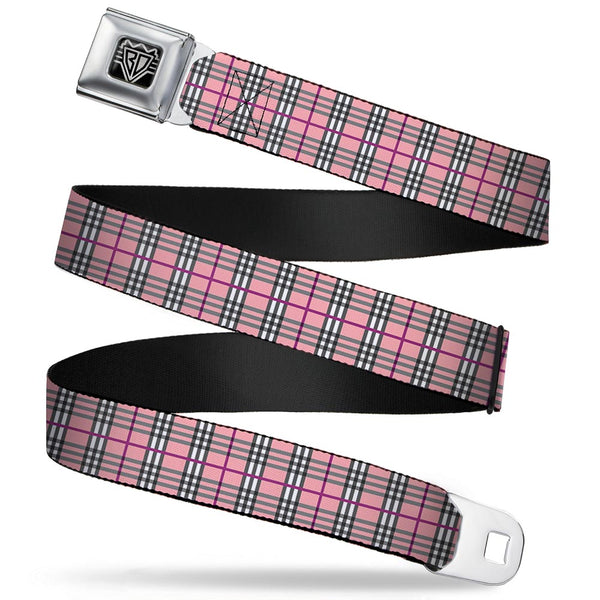 buckle down BD Wings Logo CLOSE-UP Full Color Black Silver Seatbelt Belt - Plaid Pink Webbing