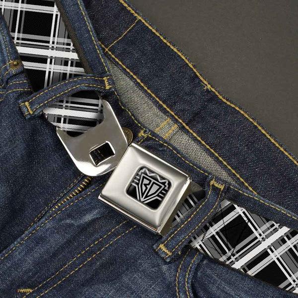 Buckle Down BD Wings Logo CLOSE-UP Full Color Black Silver Seatbelt Belt - Plaid X2 Black/Grays/White Webbing