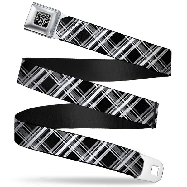 buckle down BD Wings Logo CLOSE-UP Full Color Black Silver Seatbelt Belt - Plaid X2 Black/Grays/White Webbing