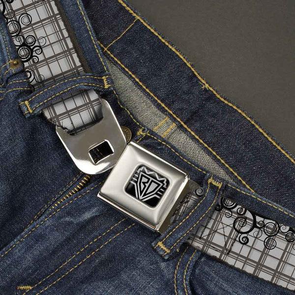 Buckle Down BD Wings Logo CLOSE-UP Full Color Black Silver Seatbelt Belt - Plaid Curls Gray Webbing