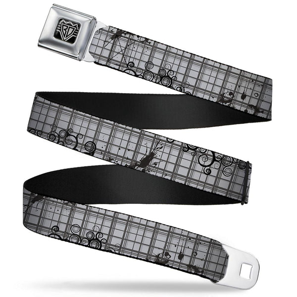 buckle down BD Wings Logo CLOSE-UP Full Color Black Silver Seatbelt Belt - Plaid Curls Gray Webbing