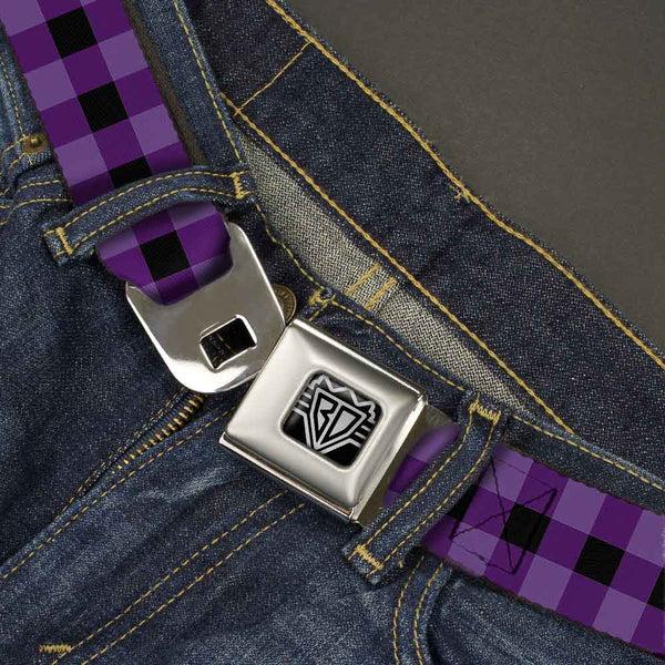 Buckle Down BD Wings Logo CLOSE-UP Full Color Black Silver Seatbelt Belt - Buffalo Plaid Black/Purple Webbing
