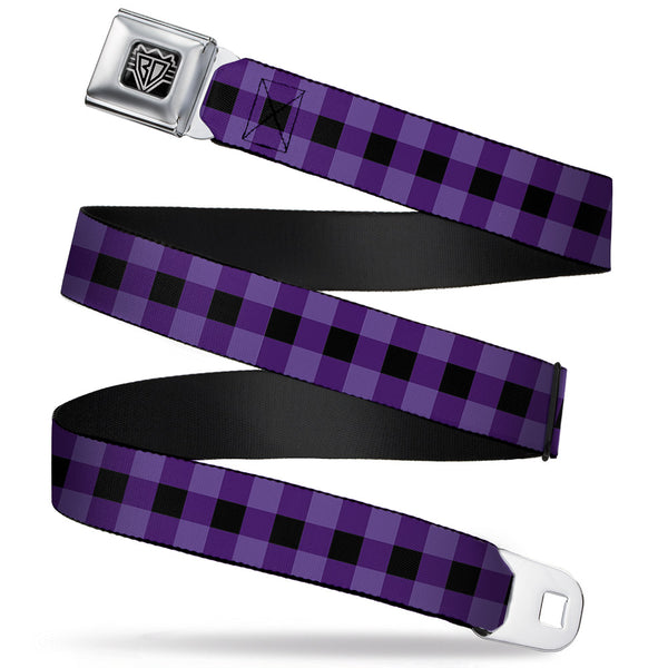 buckle down BD Wings Logo CLOSE-UP Full Color Black Silver Seatbelt Belt - Buffalo Plaid Black/Purple Webbing