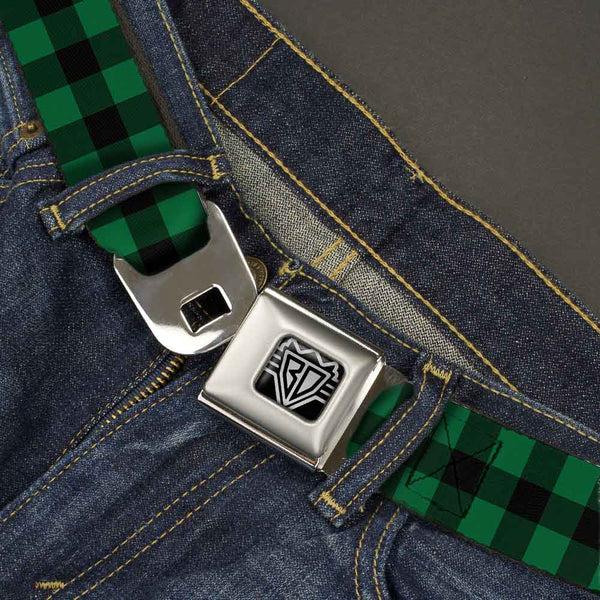 Buckle Down BD Wings Logo CLOSE-UP Full Color Black Silver Seatbelt Belt - Buffalo Plaid Black/Green Webbing