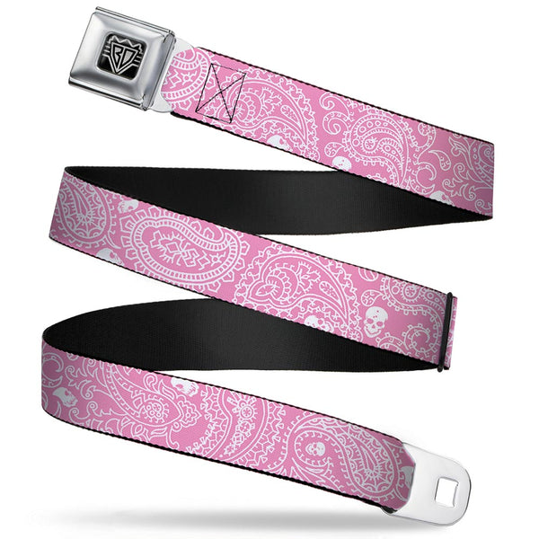 buckle down BD Wings Logo CLOSE-UP Full Color Black Silver Seatbelt Belt - Bandana/Skulls Pink/White Webbing