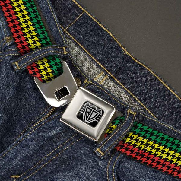 Buckle Down BD Wings Logo CLOSE-UP Full Color Black Silver Seatbelt Belt - Houndstooth Black/Rasta Webbing