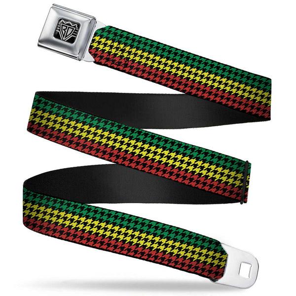 buckle down BD Wings Logo CLOSE-UP Full Color Black Silver Seatbelt Belt - Houndstooth Black/Rasta Webbing