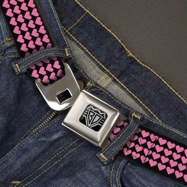 Buckle Down BD Wings Logo CLOSE-UP Full Color Black Silver Seatbelt Belt - Mini Hearts Black/Pink Webbing