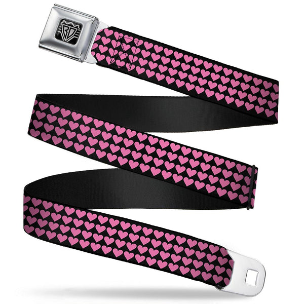 buckle down BD Wings Logo CLOSE-UP Full Color Black Silver Seatbelt Belt - Mini Hearts Black/Pink Webbing