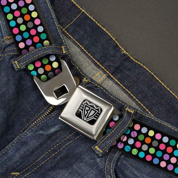 Buckle Down BD Wings Logo CLOSE-UP Full Color Black Silver Seatbelt Belt - Mini Polka Dots Black/Multi Color Webbing