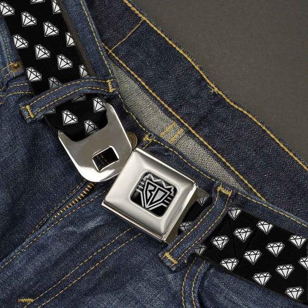 Buckle Down BD Wings Logo CLOSE-UP Full Color Black Silver Seatbelt Belt - Diamonds Diagonal Black/White Webbing