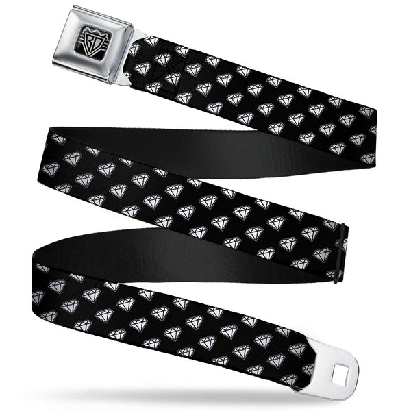 buckle down BD Wings Logo CLOSE-UP Full Color Black Silver Seatbelt Belt - Diamonds Diagonal Black/White Webbing