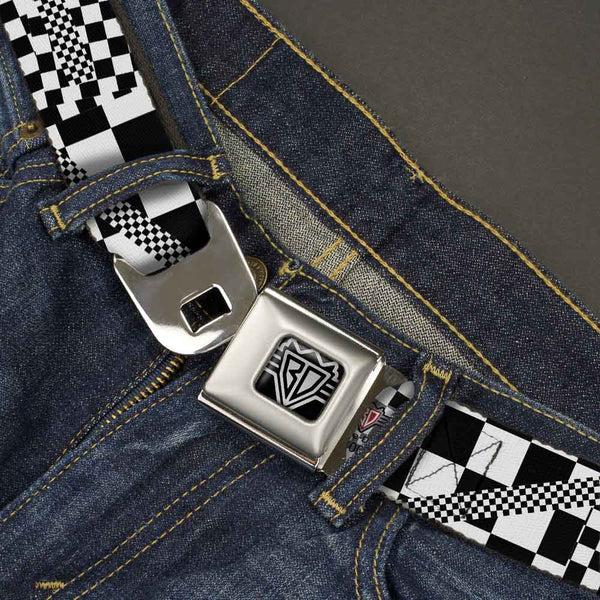 Buckle Down BD Wings Logo CLOSE-UP Full Color Black Silver Seatbelt Belt - Funky Checkers Black/White Webbing