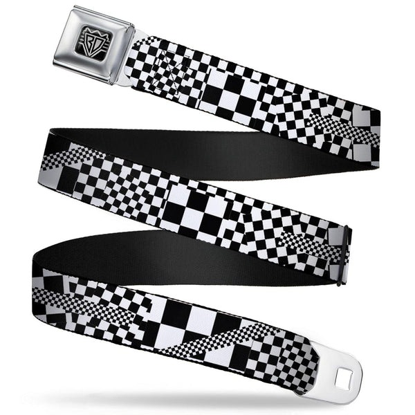 buckle down BD Wings Logo CLOSE-UP Full Color Black Silver Seatbelt Belt - Funky Checkers Black/White Webbing