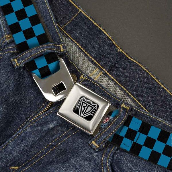 Buckle Down BD Wings Logo CLOSE-UP Full Color Black Silver Seatbelt Belt - Checker Black/Turquoise Webbing