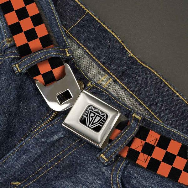 Buckle Down BD Wings Logo CLOSE-UP Full Color Black Silver Seatbelt Belt - Checker Black/Orange Webbing