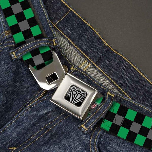 Buckle Down BD Wings Logo CLOSE-UP Full Color Black Silver Seatbelt Belt - Checker Black/Gray/2 Green Webbing