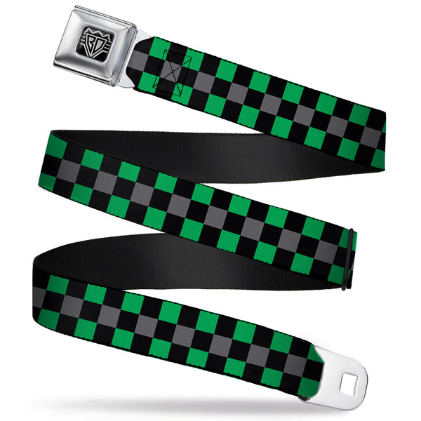 buckle down BD Wings Logo CLOSE-UP Full Color Black Silver Seatbelt Belt - Checker Black/Gray/2 Green Webbing