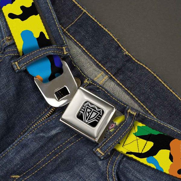 Buckle Down BD Wings Logo CLOSE-UP Full Color Black Silver Seatbelt Belt - Camo Multi Neon Webbing