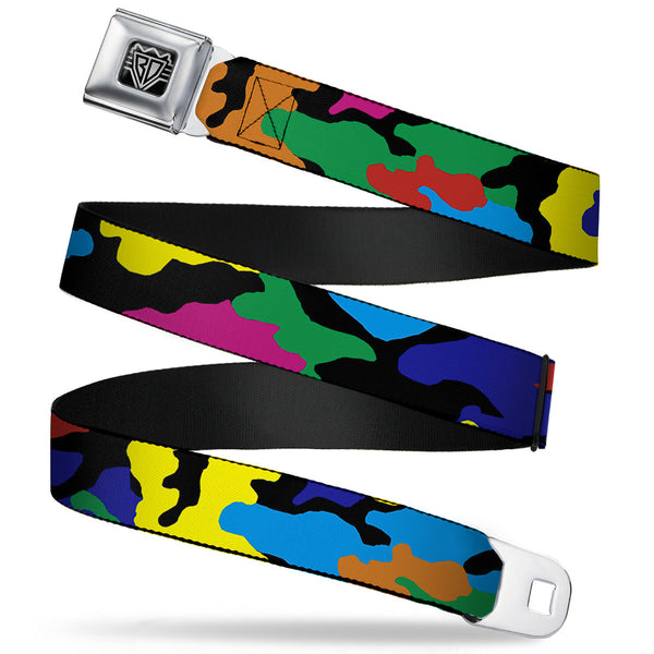 buckle down BD Wings Logo CLOSE-UP Full Color Black Silver Seatbelt Belt - Camo Multi Neon Webbing