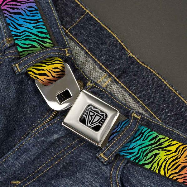 Buckle Down BD Wings Logo CLOSE-UP Full Color Black Silver Seatbelt Belt - Zebra Rainbow Ombre Webbing