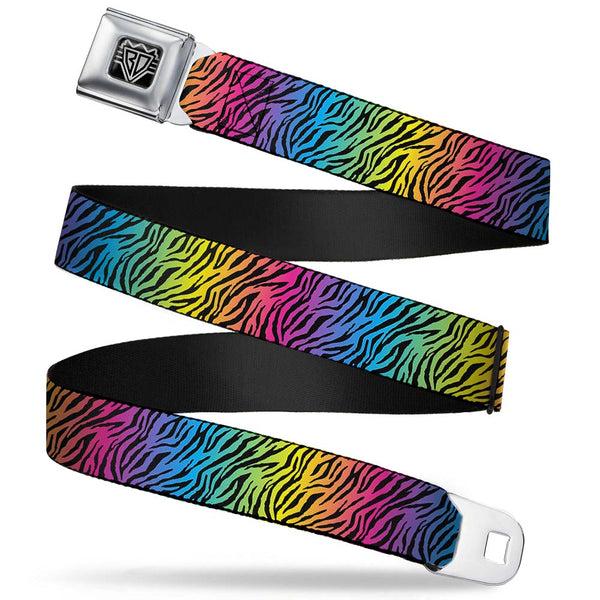 buckle down BD Wings Logo CLOSE-UP Full Color Black Silver Seatbelt Belt - Zebra Rainbow Ombre Webbing