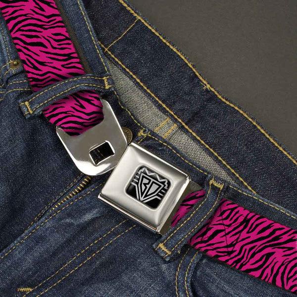Buckle Down BD Wings Logo CLOSE-UP Full Color Black Silver Seatbelt Belt - Zebra 2 Fuchsia Pink Webbing