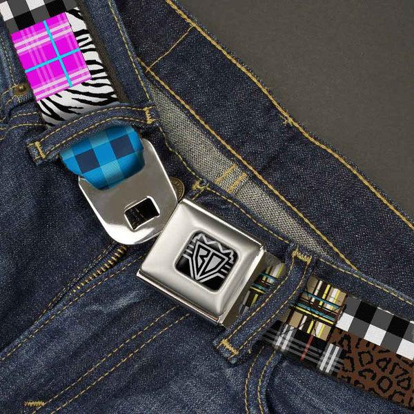 Buckle Down BD Wings Logo CLOSE-UP Full Color Black Silver Seatbelt Belt - Plaid & Animal Skins Webbing