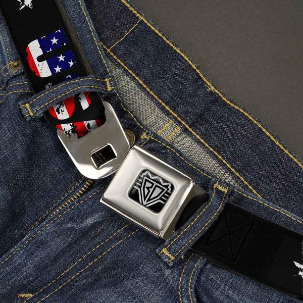 Buckle Down BD Wings Logo CLOSE-UP Full Color Black Silver Seatbelt Belt - USA W/Star Black/US Flags Webbing