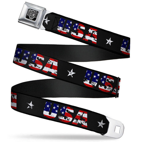 buckle down BD Wings Logo CLOSE-UP Full Color Black Silver Seatbelt Belt - USA w/Star Black/US Flags Webbing