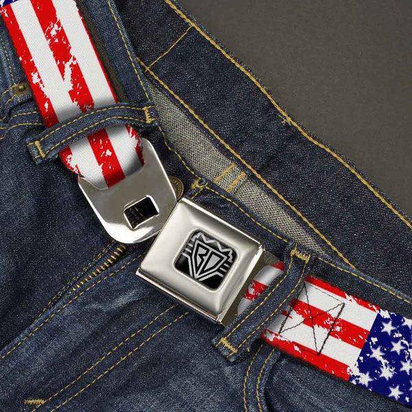 Buckle Down BD Wings Logo CLOSE-UP Full Color Black Silver Seatbelt Belt - United States Flags CLOSE-UP Weathered Webbing