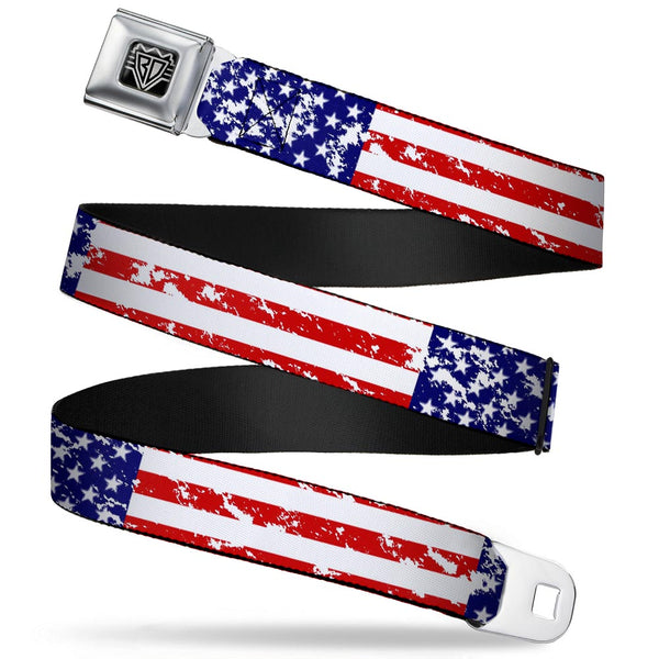 buckle down BD Wings Logo CLOSE-UP Full Color Black Silver Seatbelt Belt - United States Flags CLOSE-UP Weathered Webbing