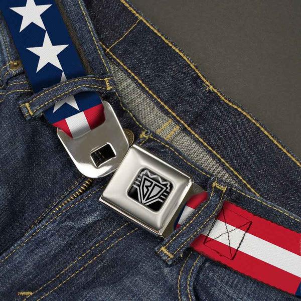 Buckle Down BD Wings Logo CLOSE-UP Full Color Black Silver Seatbelt Belt - Stars & Stripes Blue/White/Red/White Webbing