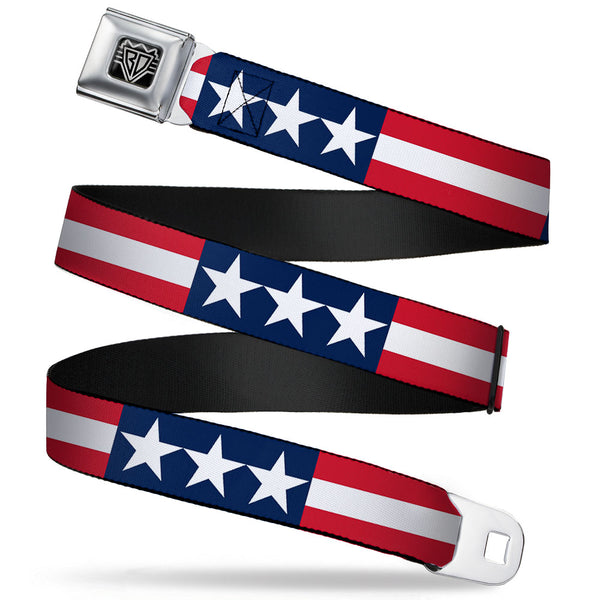 buckle down BD Wings Logo CLOSE-UP Full Color Black Silver Seatbelt Belt - Stars & Stripes Blue/White/Red/White Webbing