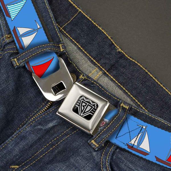 Buckle Down BD Wings Logo CLOSE-UP Full Color Black Silver Seatbelt Belt - Sailboats Blue Webbing