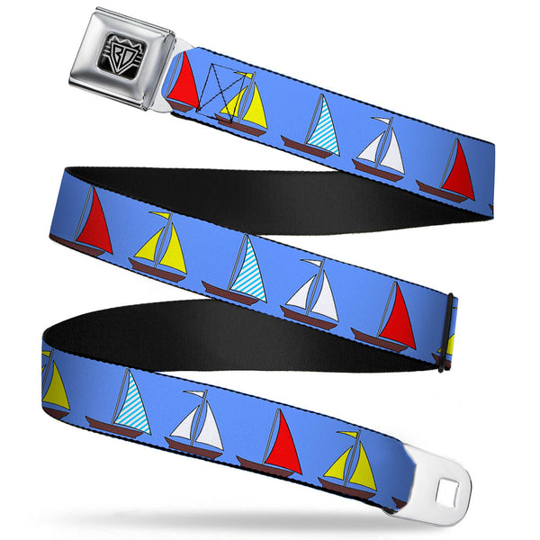 buckle down BD Wings Logo CLOSE-UP Full Color Black Silver Seatbelt Belt - Sailboats Blue Webbing