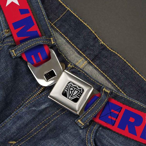 Buckle Down BD Wings Logo CLOSE-UP Full Color Black Silver Seatbelt Belt - 'MERICA/Star Red/Blue/White Webbing