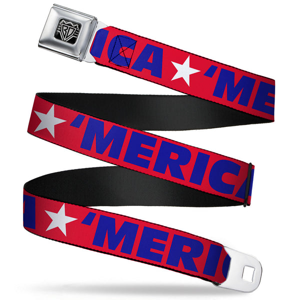 buckle down BD Wings Logo CLOSE-UP Full Color Black Silver Seatbelt Belt - 'MERICA/Star Red/Blue/White Webbing