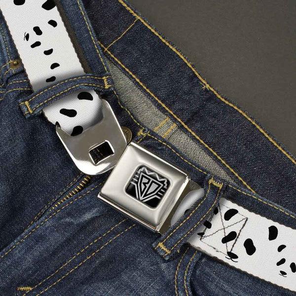 Buckle Down BD Wings Logo CLOSE-UP Full Color Black Silver Seatbelt Belt - Panda Bear Spots Webbing