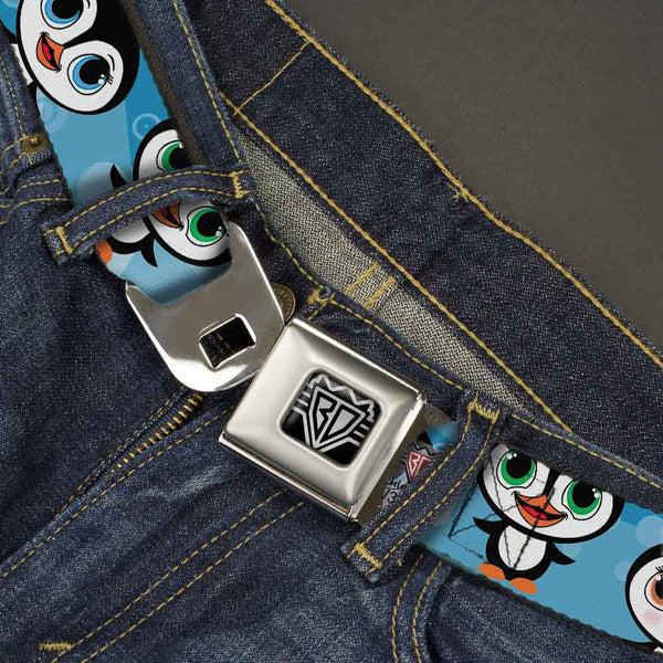 Buckle Down BD Wings Logo CLOSE-UP Full Color Black Silver Seatbelt Belt - Cute Penguins Blue Bubbles Webbing