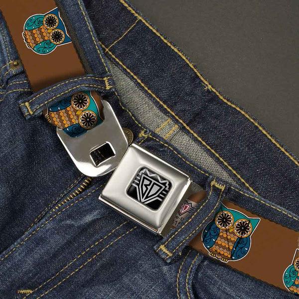 Buckle Down BD Wings Logo CLOSE-UP Full Color Black Silver Seatbelt Belt - Owls Brown/Pastel Webbing