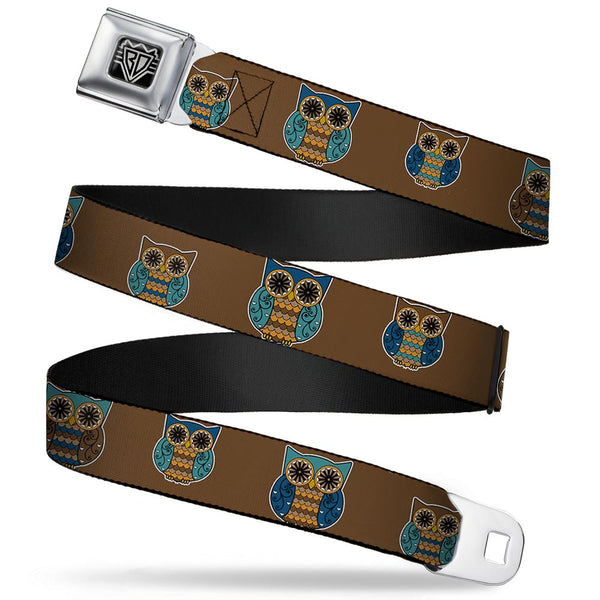 buckle down BD Wings Logo CLOSE-UP Full Color Black Silver Seatbelt Belt - Owls Brown/Pastel Webbing