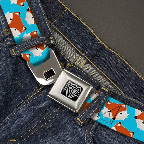 Buckle Down BD Wings Logo CLOSE-UP Full Color Black Silver Seatbelt Belt - Fox Face Scattered Sky Blue Webbing