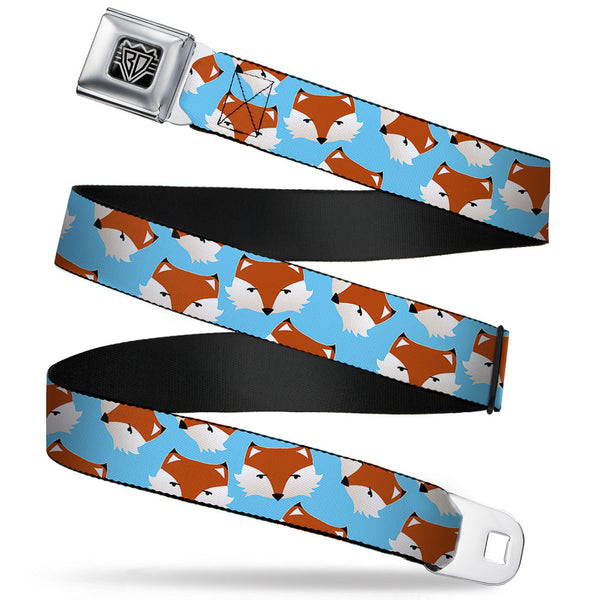 buckle down BD Wings Logo CLOSE-UP Full Color Black Silver Seatbelt Belt - Fox Face Scattered Sky Blue Webbing